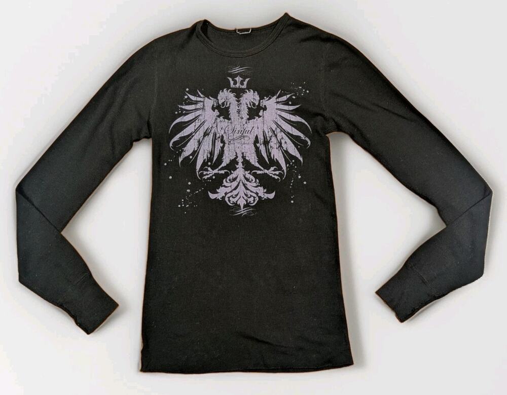 Sinful by Affliction Y2K Womens S Black Thermal Eagle Graphic Long Sleeve Top